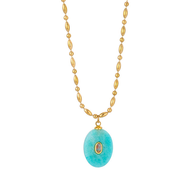 Stainless Steel necklace with Multicolor Oval Natural Stone pendant Necklace
