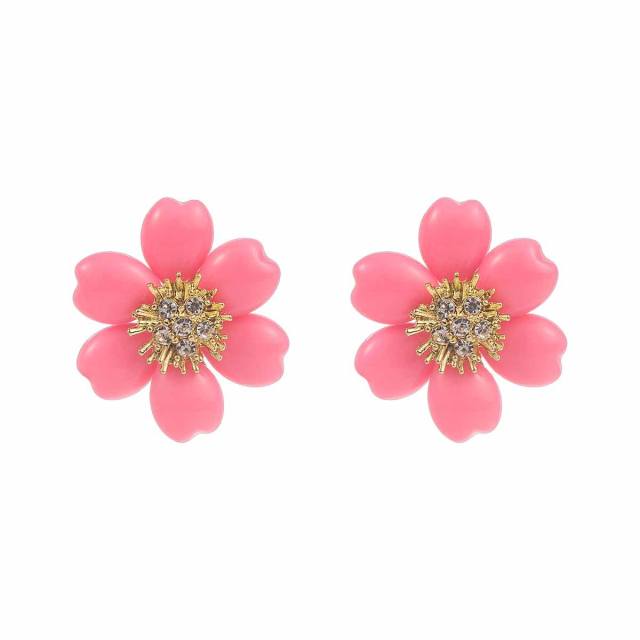 Sweet Fresh Holiday Style Enamel Colorful Flower Earrings with Diamonds Pearls