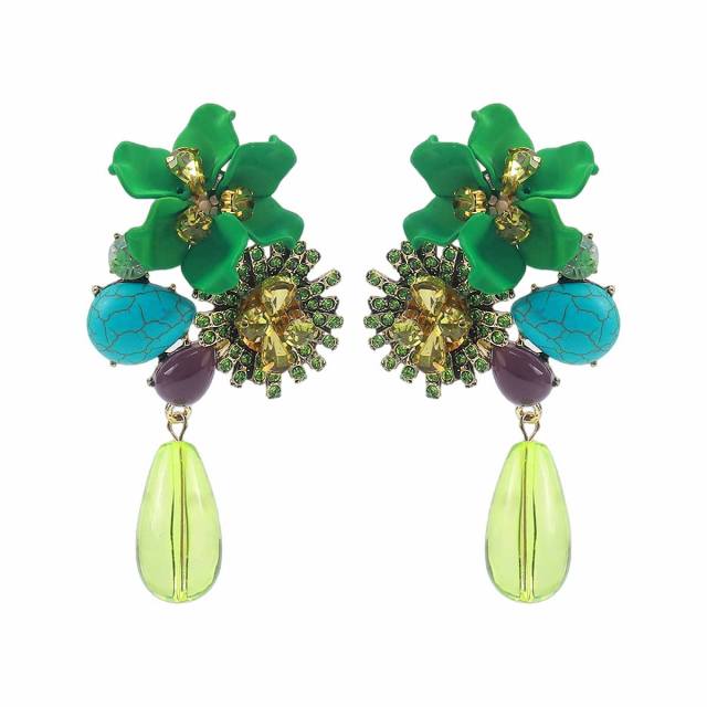Sweet Fresh Holiday Style Enamel Colorful Flower Earrings with Diamonds Pearls