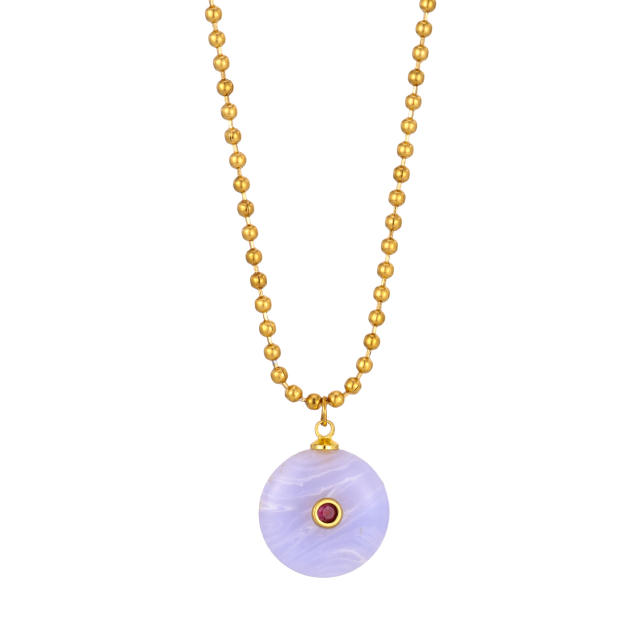 Boho rhinestone inlaid round natural stone pendant stainless steel necklace