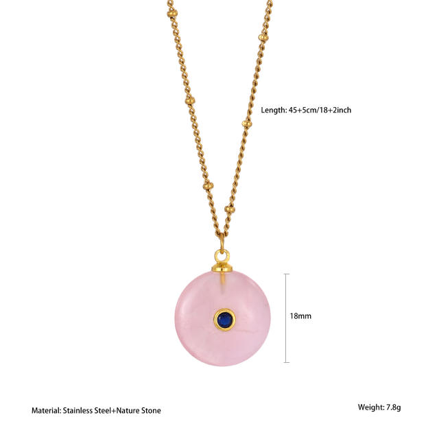 Boho rhinestone inlaid round natural stone pendant stainless steel necklace