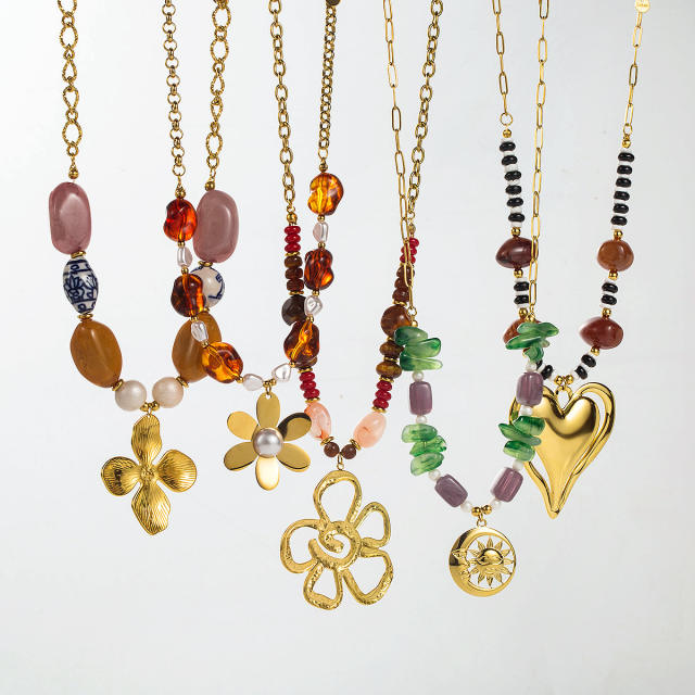 Retro Design Multi-Pendant Beaded Necklace Stainless Steel pendant necklace