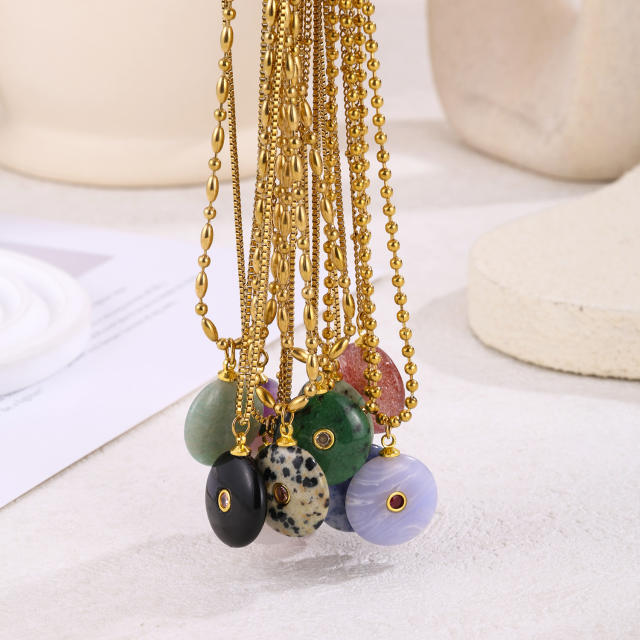 Boho rhinestone inlaid round natural stone pendant stainless steel necklace
