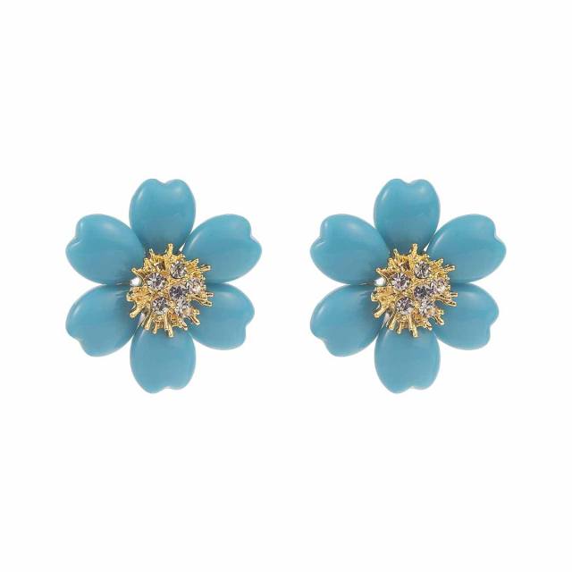 Sweet Fresh Holiday Style Enamel Colorful Flower Earrings with Diamonds Pearls