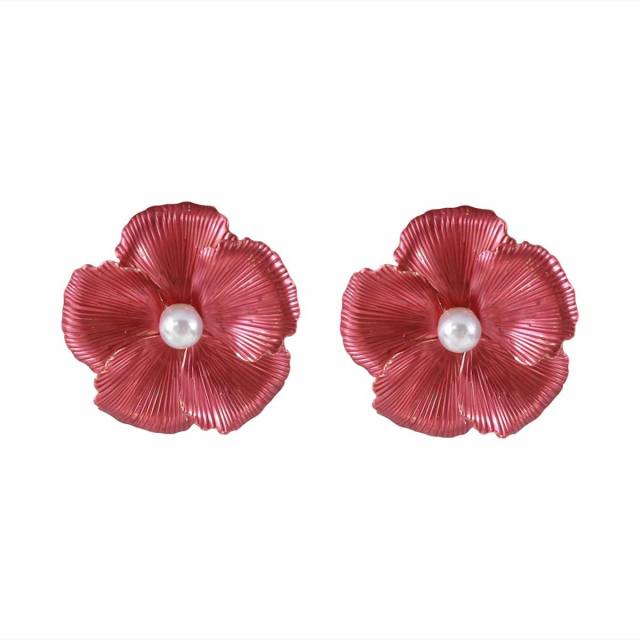 Sweet Fresh Holiday Style Enamel Colorful Flower Earrings with Diamonds Pearls