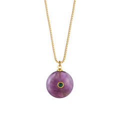 Boho rhinestone inlaid round natural stone pendant stainless steel necklace