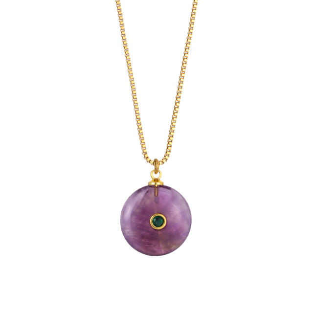 Boho rhinestone inlaid round natural stone pendant stainless steel necklace