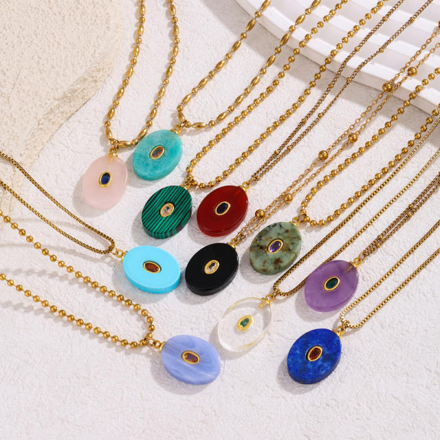 Stainless Steel necklace with Multicolor Oval Natural Stone pendant Necklace