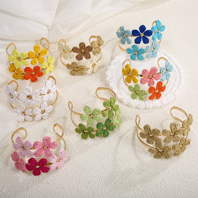 Hot-Selling Raffia Flower Bracelet for Women Simple Double-Row Hand-Woven Adjustable Open bangle