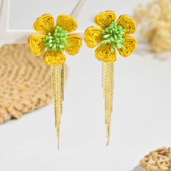 Bohemian raffia flower tassel earrings personality woven earrings