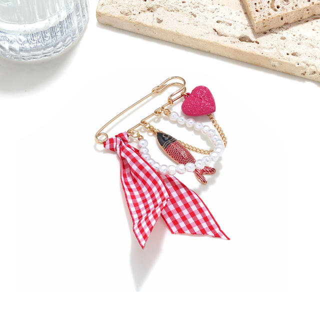 Ins Exaggerated Colorful Tropical Fish Heart-Shaped Plaid Ribbon Brooch Waist Pin Clothing Accessory