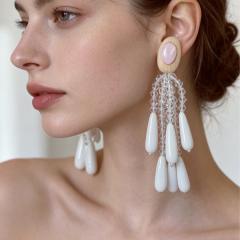 Bohemian White Crystal Beaded Earrings Acrylic White Water Drop Tassel Earrings