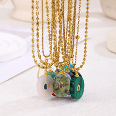 Stainless Steel necklace with Multicolor Oval Natural Stone pendant Necklace