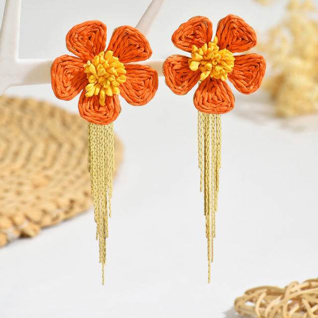 Bohemian raffia flower tassel earrings personality woven earrings