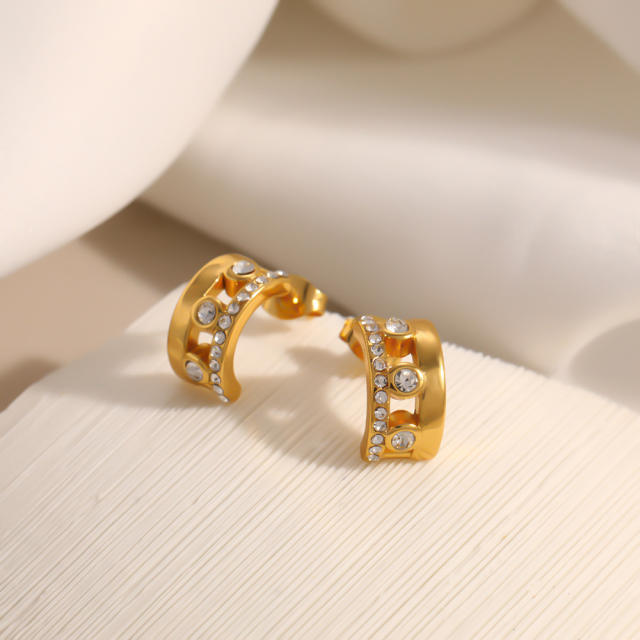 Stainless Steel Earrings C-Shaped Semi-Circle Hollow Design with Inlaid Diamonds earrings