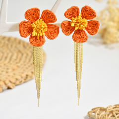 Bohemian raffia flower tassel earrings personality woven earrings