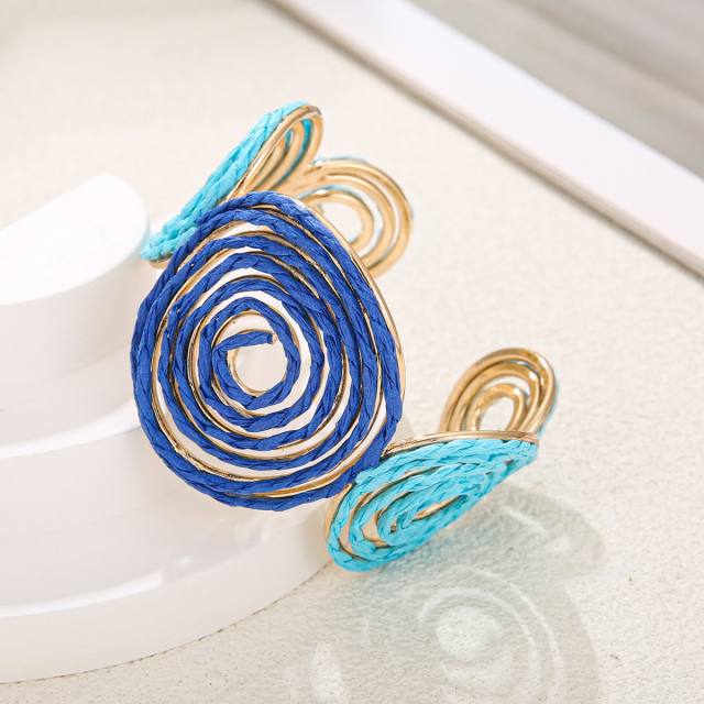 Geometric Multi-Layered Interwoven Open Bracelet Handmade Raffia grass bangle