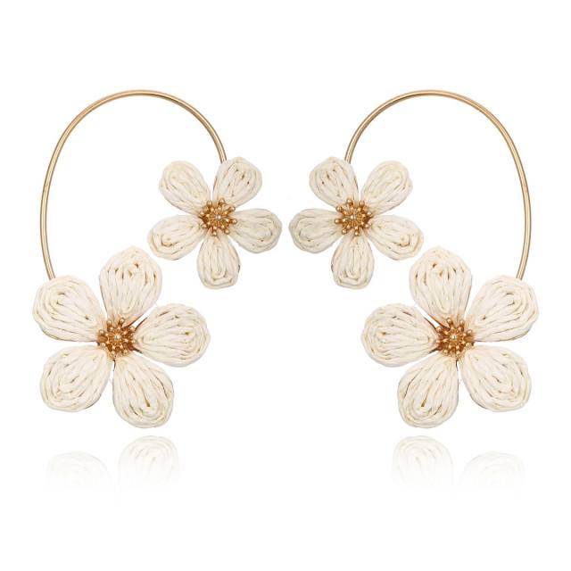 Spring Summer Raffia Flower Earrings with Arc-Shaped