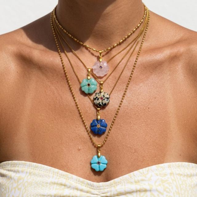 Multi-Color Personalized Natural Stone Flower pendant stainless steel Necklace