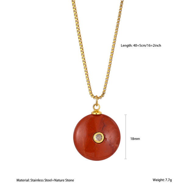 Boho rhinestone inlaid round natural stone pendant stainless steel necklace