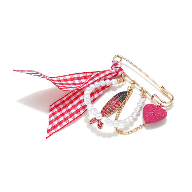 Ins Exaggerated Colorful Tropical Fish Heart-Shaped Plaid Ribbon Brooch Waist Pin Clothing Accessory