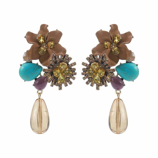 Sweet Fresh Holiday Style Enamel Colorful Flower Earrings with Diamonds Pearls