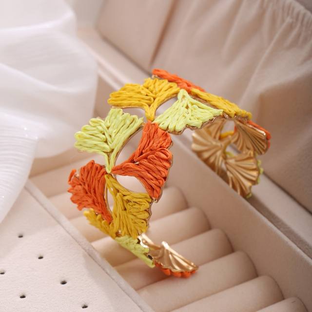 New Style Raffia Ginkgo Leaf Bracelet for Women Handmade Leaf Bangle