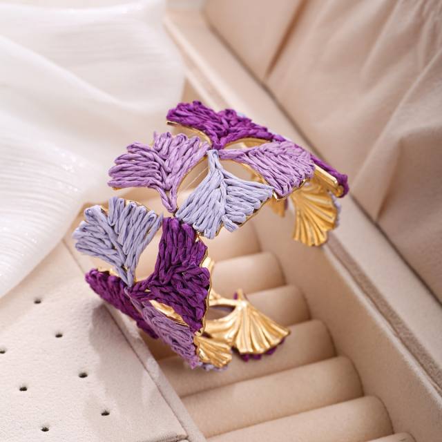 New Style Raffia Ginkgo Leaf Bracelet for Women Handmade Leaf Bangle