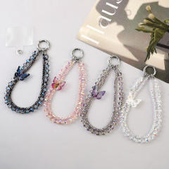 Luxury Butterfly Double Chain Mobile Phone Lanyard Super Beautiful Fairy Crystal Beaded Mobile Phone Chain Wrist Chain