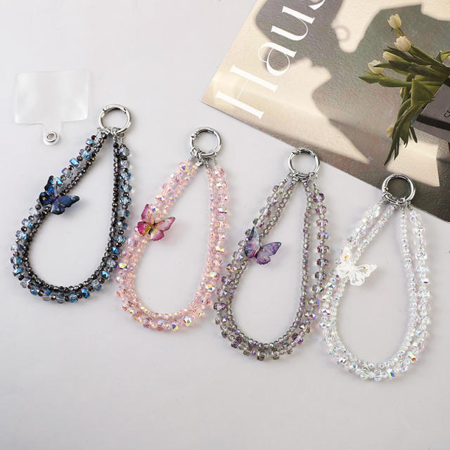 Luxury Butterfly Double Chain Mobile Phone Lanyard Super Beautiful Fairy Crystal Beaded Mobile Phone Chain Wrist Chain