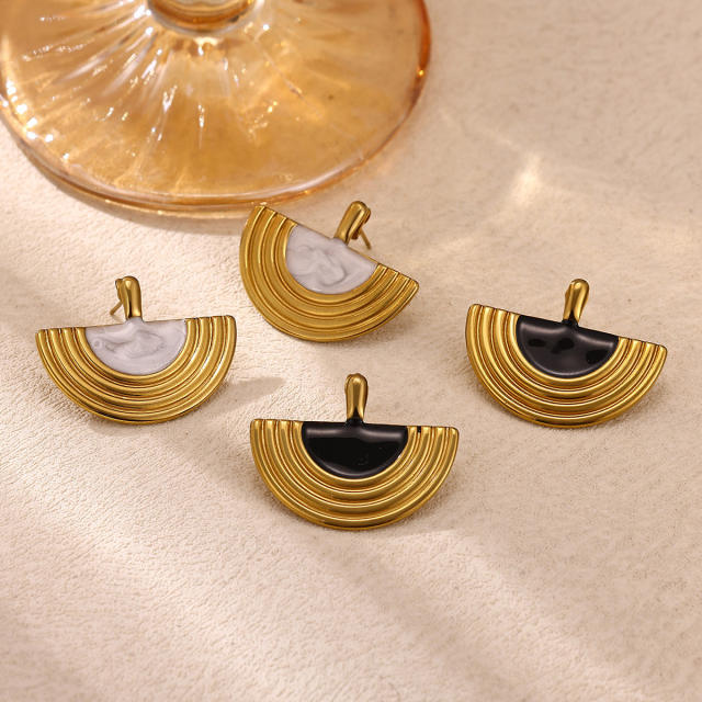 Vintage Fan-Shaped Geometric Earrings Semi-Circular Enamel stainless Steel Earrings