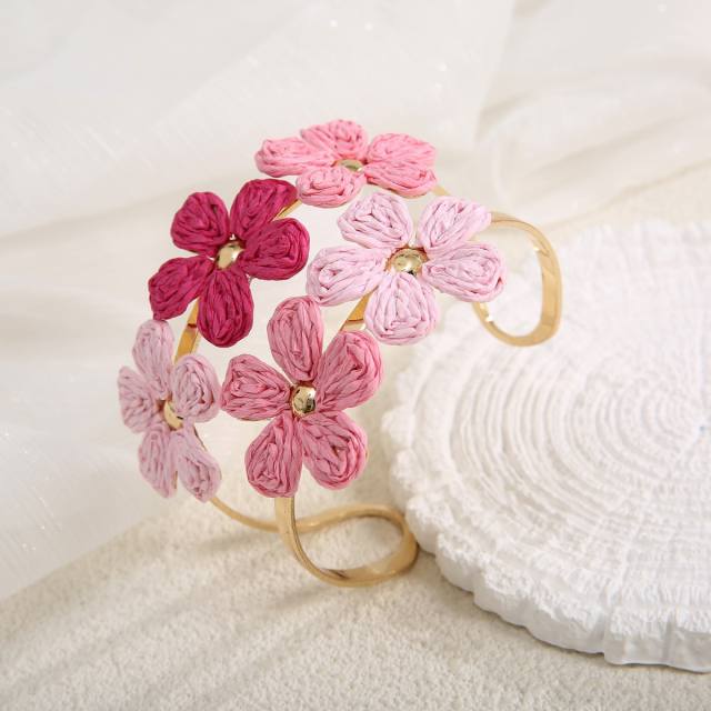 Hot-Selling Raffia Flower Bracelet for Women Simple Double-Row Hand-Woven Adjustable Open bangle