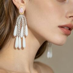 Bohemian White Crystal Beaded Earrings Acrylic White Water Drop Tassel Earrings