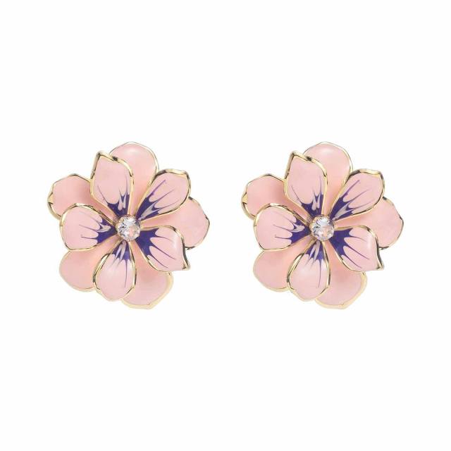 Sweet Fresh Holiday Style Enamel Colorful Flower Earrings with Diamonds Pearls