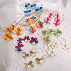 Spring Summer Raffia Flower Earrings with Arc-Shaped