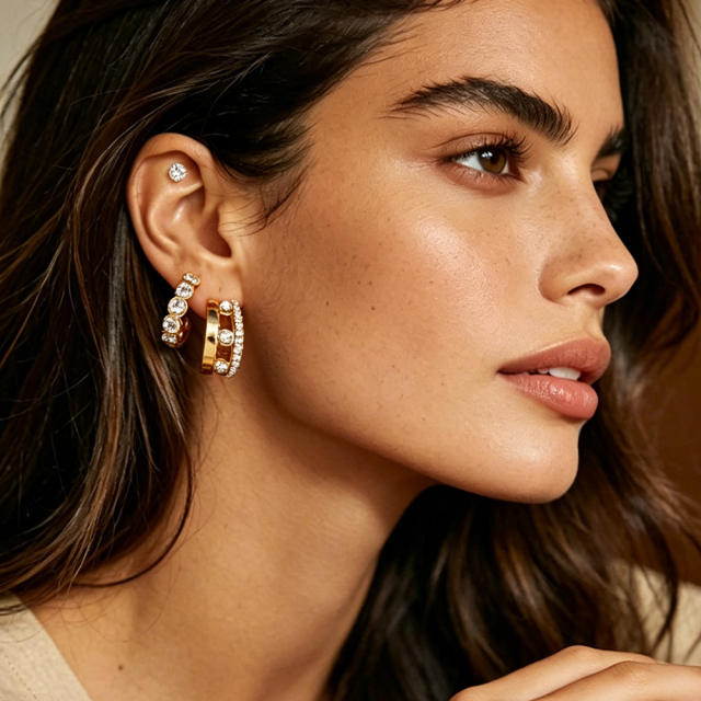 Stainless Steel Earrings C-Shaped Semi-Circle Hollow Design with Inlaid Diamonds earrings