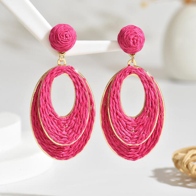 Hot Selling Geometric Oval Earrings Summer Sweet Raffia Hand-Woven Earrings