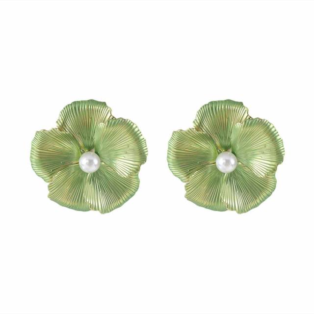 Sweet Fresh Holiday Style Enamel Colorful Flower Earrings with Diamonds Pearls