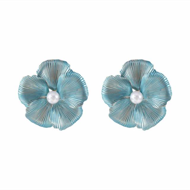 Sweet Fresh Holiday Style Enamel Colorful Flower Earrings with Diamonds Pearls