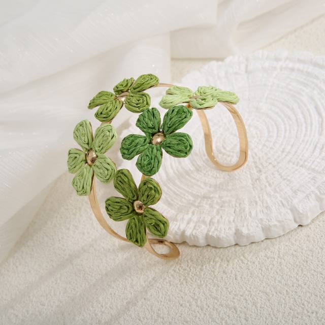 Hot-Selling Raffia Flower Bracelet for Women Simple Double-Row Hand-Woven Adjustable Open bangle