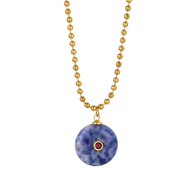 Boho rhinestone inlaid round natural stone pendant stainless steel necklace
