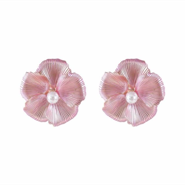 Sweet Fresh Holiday Style Enamel Colorful Flower Earrings with Diamonds Pearls