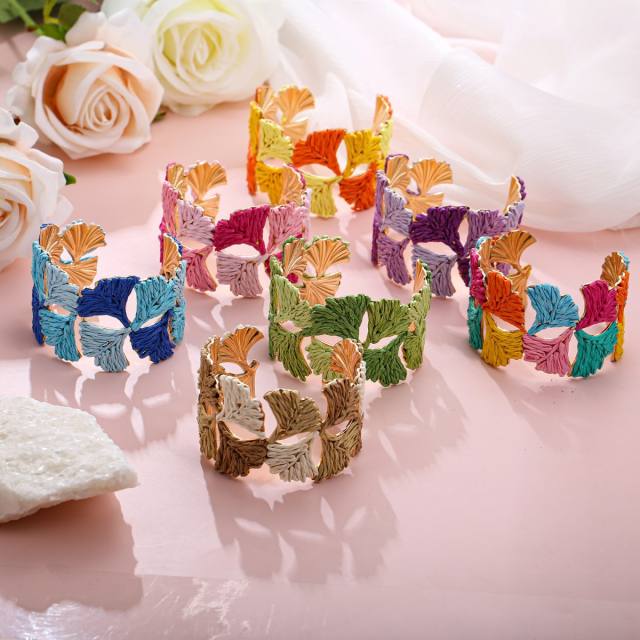 New Style Raffia Ginkgo Leaf Bracelet for Women Handmade Leaf Bangle