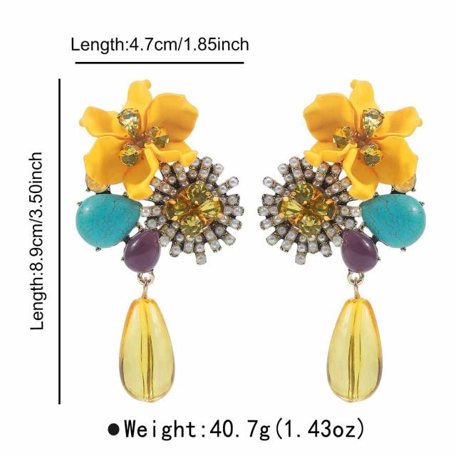 Sweet Fresh Holiday Style Enamel Colorful Flower Earrings with Diamonds Pearls