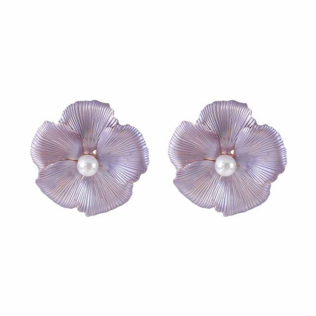 Sweet Fresh Holiday Style Enamel Colorful Flower Earrings with Diamonds Pearls