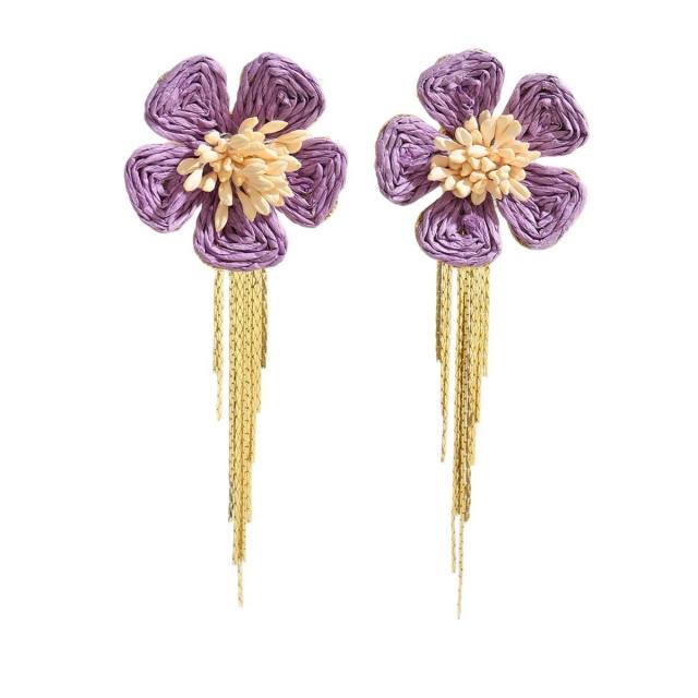 Bohemian raffia flower tassel earrings personality woven earrings