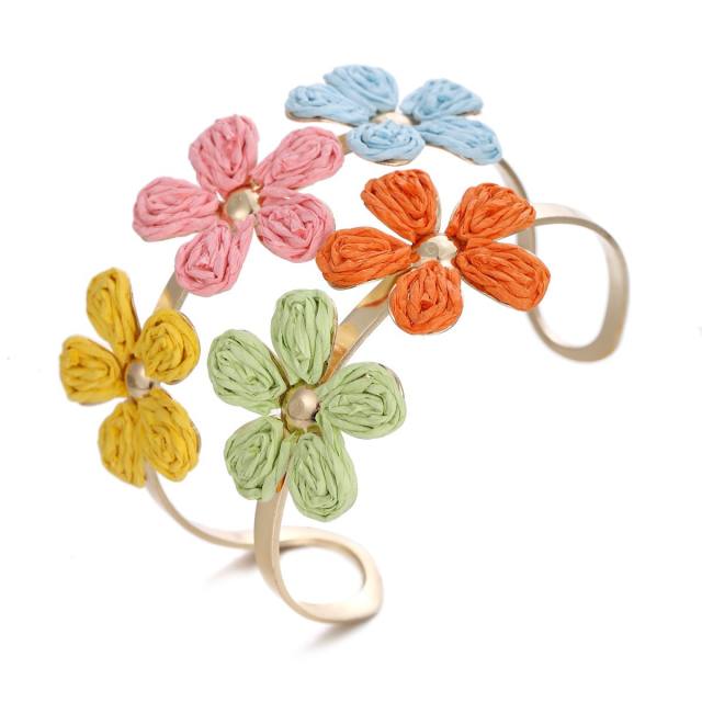 Hot-Selling Raffia Flower Bracelet for Women Simple Double-Row Hand-Woven Adjustable Open bangle