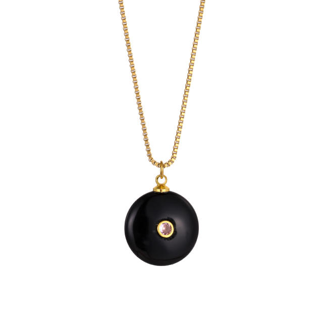 Boho rhinestone inlaid round natural stone pendant stainless steel necklace