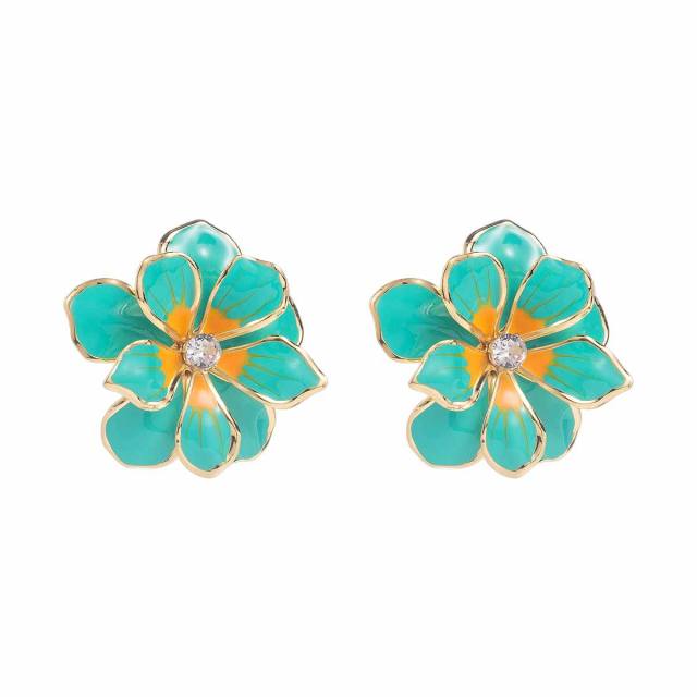 Sweet Fresh Holiday Style Enamel Colorful Flower Earrings with Diamonds Pearls