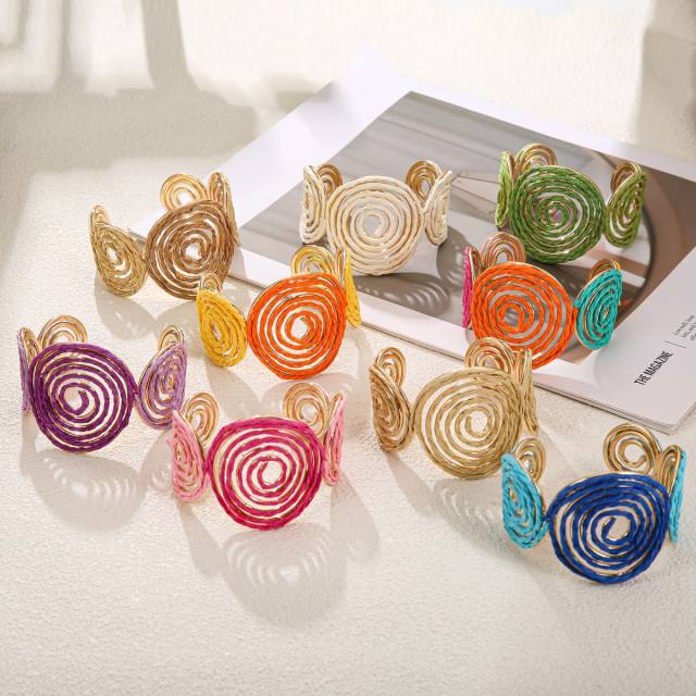 Geometric Multi-Layered Interwoven Open Bracelet Handmade Raffia grass bangle